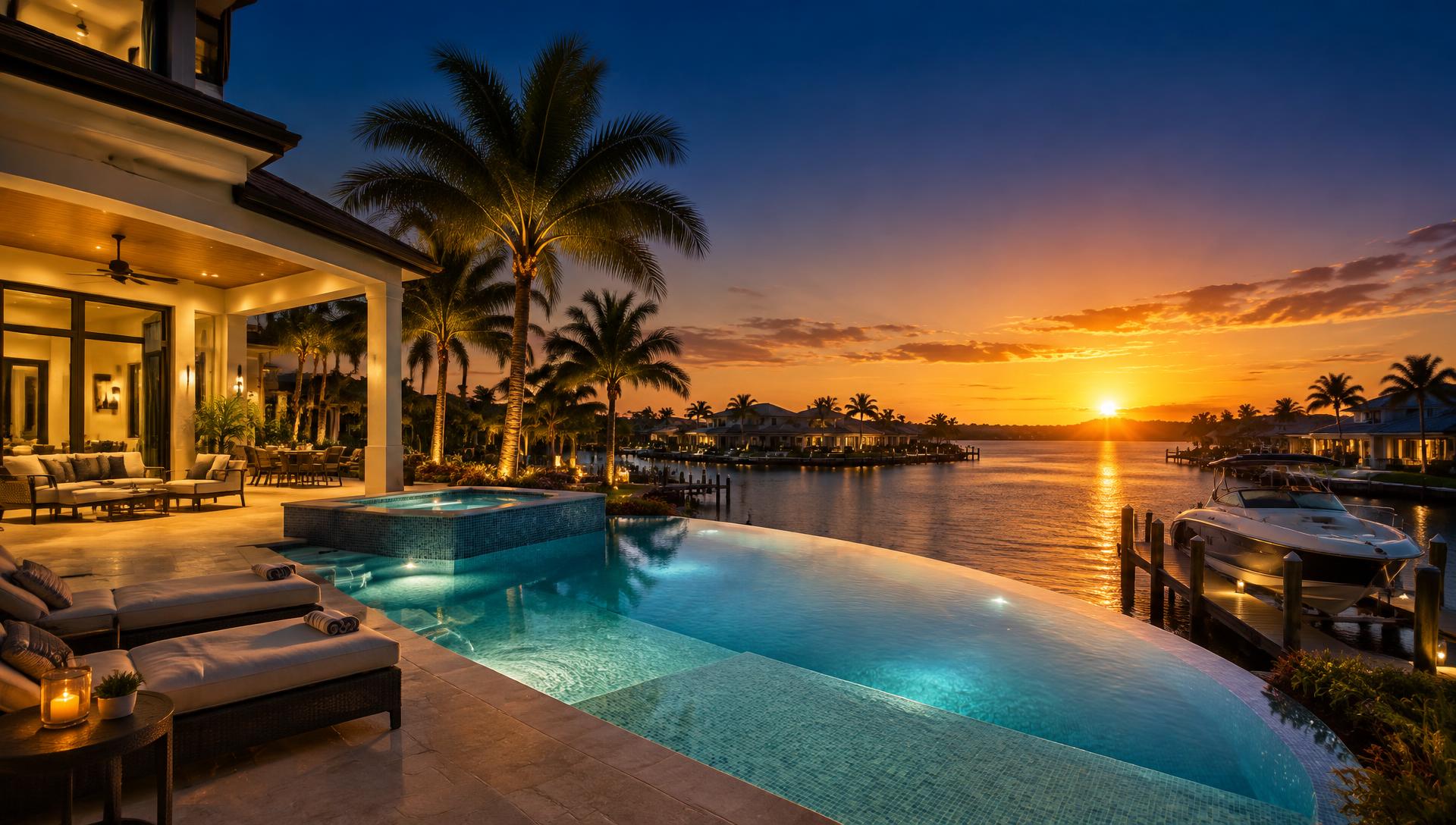 Waterfront Cape Coral home at sunset